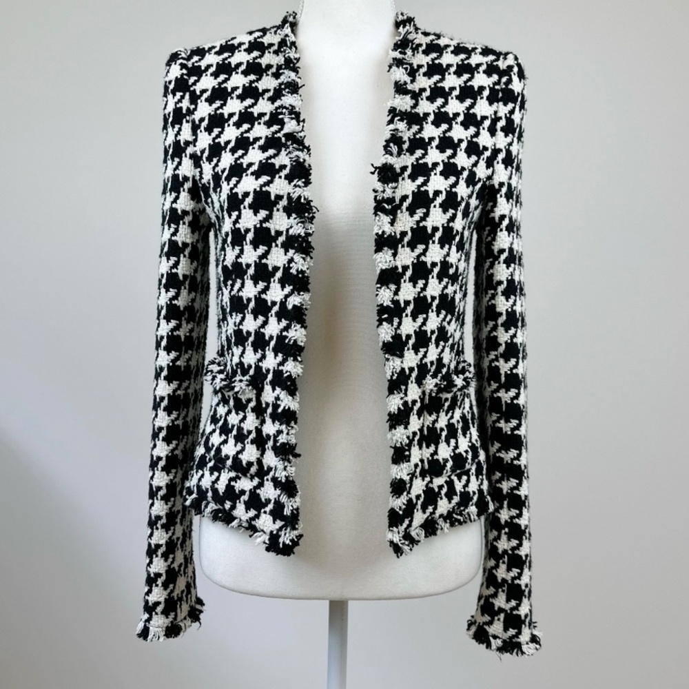 L'AGENCE Adette Tweed Houndstooth Jacket Black White Collarless - NO SIZE TAG -